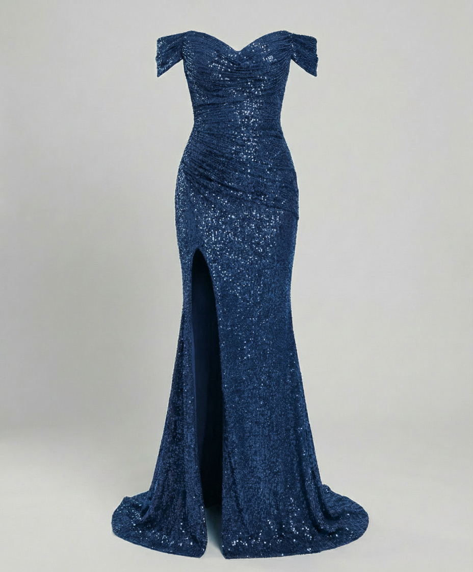 Avarylane | Off Shoulder Evening Dress for Women | Sequins and Figure-Hugging Cut Peacock blue
