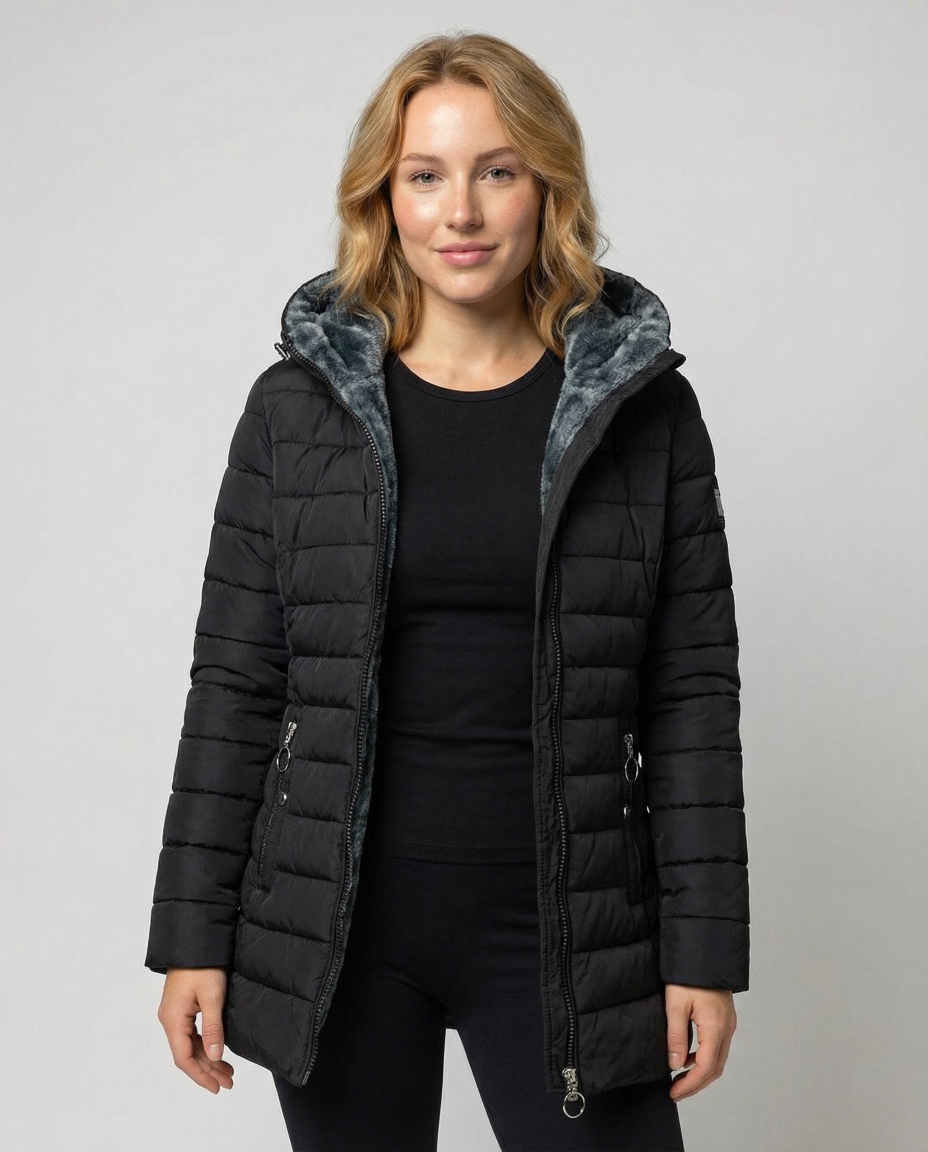 Avarylane | Long Winter Jacket for Women | Hood and Practical Full Zipper Black