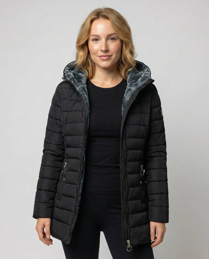 Avarylane | Long Winter Jacket for Women | Hood and Practical Full Zipper Black