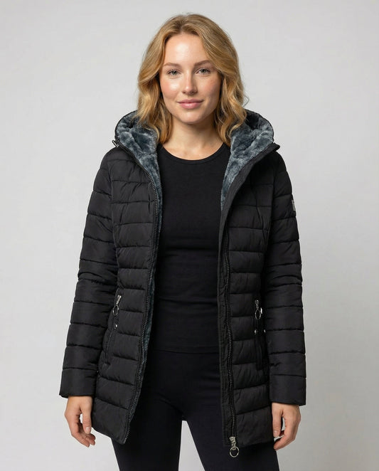 Avarylane | Long Winter Jacket for Women | Hood and Practical Full Zipper Black