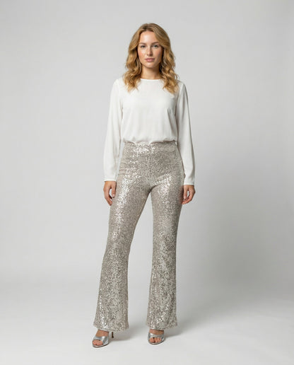 Avarylane | Sequin Pants for Women | High Waist and Wide Legs Beige