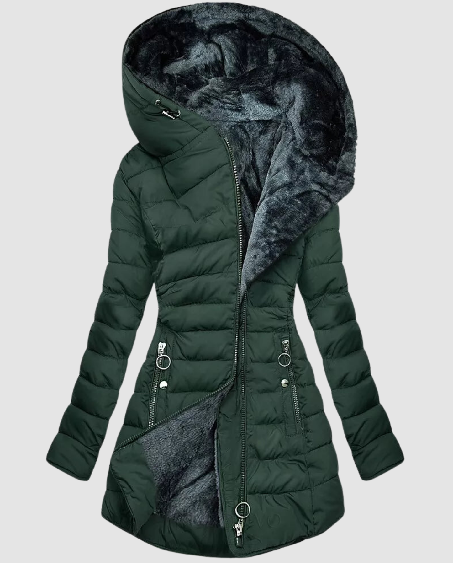 Avarylane | Long Winter Jacket for Women | Hood and Practical Full Zipper Dark green