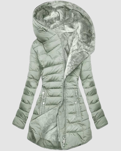 Avarylane | Long Winter Jacket for Women | Hood and Practical Full Zipper Green