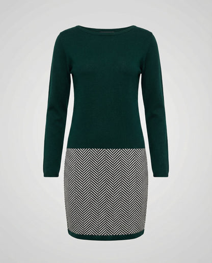 Avarylane | Dress with Houndstooth Detail | Loose Fit and Round Neck Green