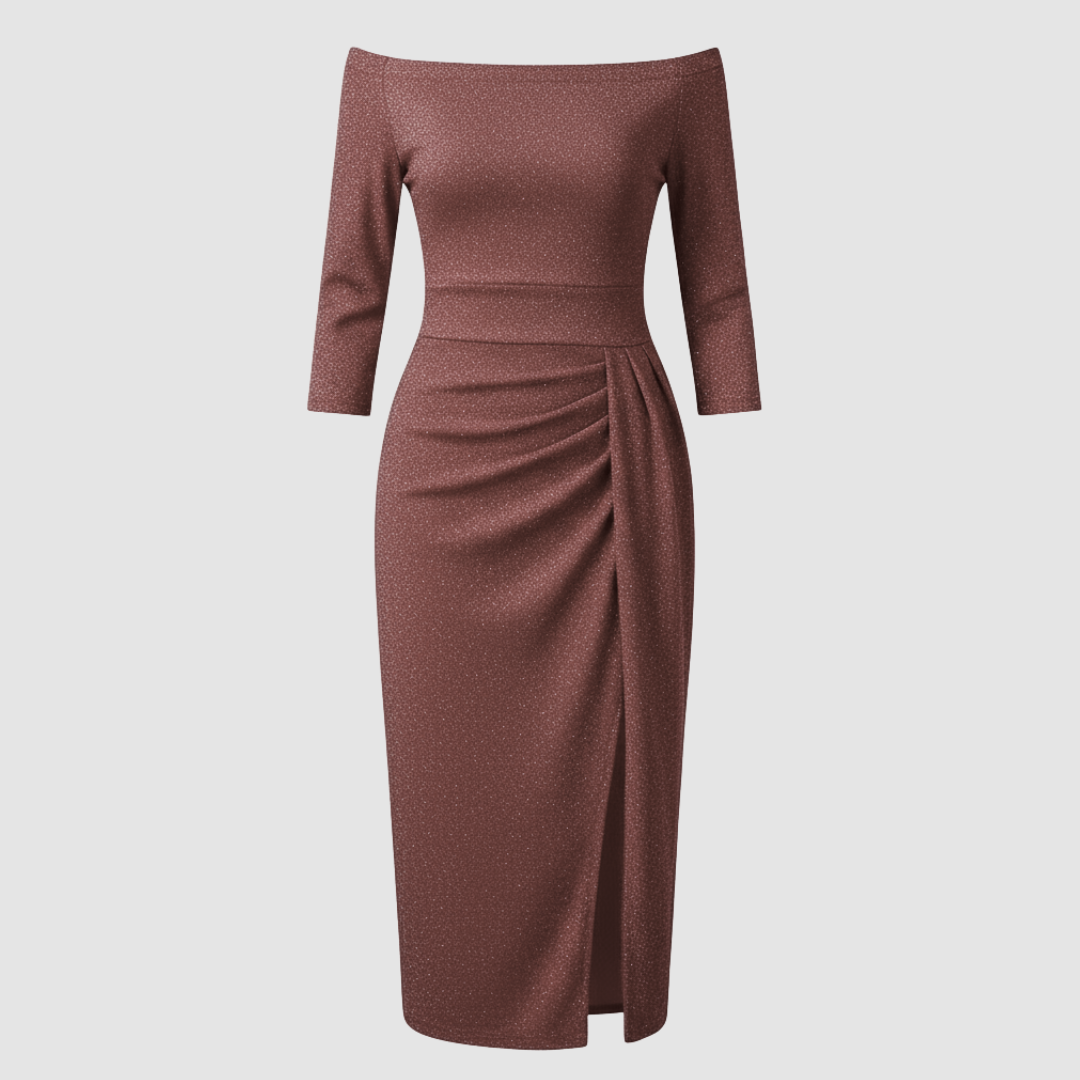 Avarylane | Long Off Shoulder Evening Dress | Elegant Satin for Holidays Brown