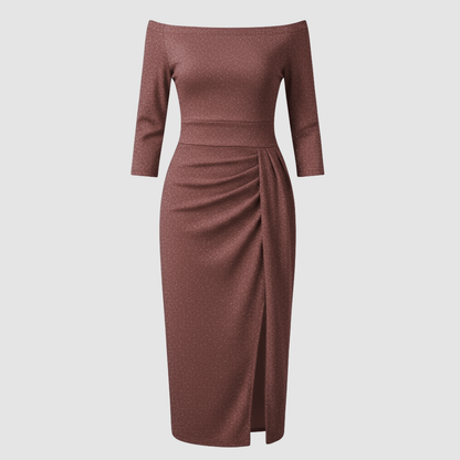 Avarylane | Long Off Shoulder Evening Dress | Elegant Satin for Holidays Brown