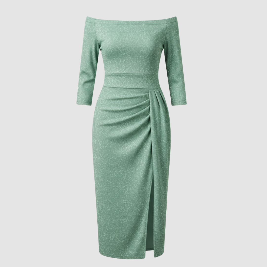 Avarylane | Long Off Shoulder Evening Dress | Elegant Satin for Holidays Silver Green