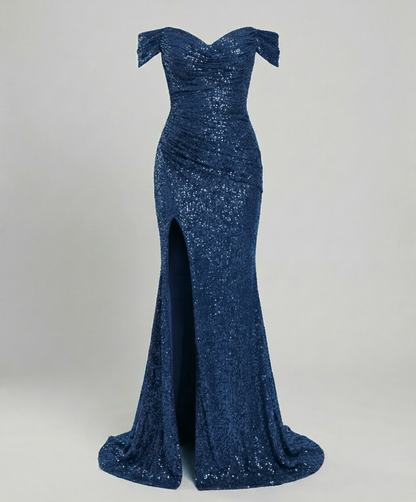 Avarylane | Off Shoulder Evening Dress for Women | Sequins and Figure-Hugging Cut Peacock blue