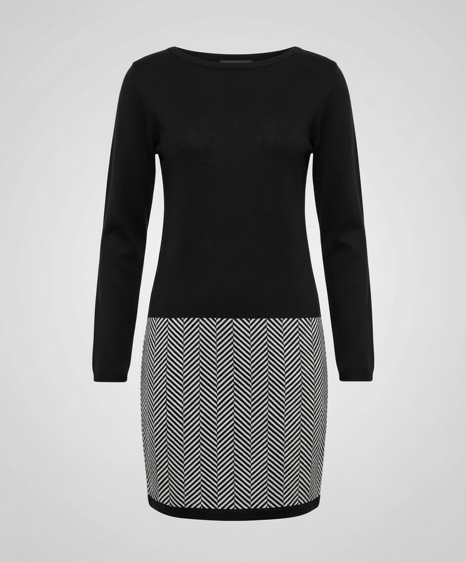 Avarylane | Dress with Houndstooth Detail | Loose Fit and Round Neck