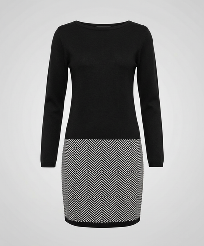 Avarylane | Dress with Houndstooth Detail | Loose Fit and Round Neck