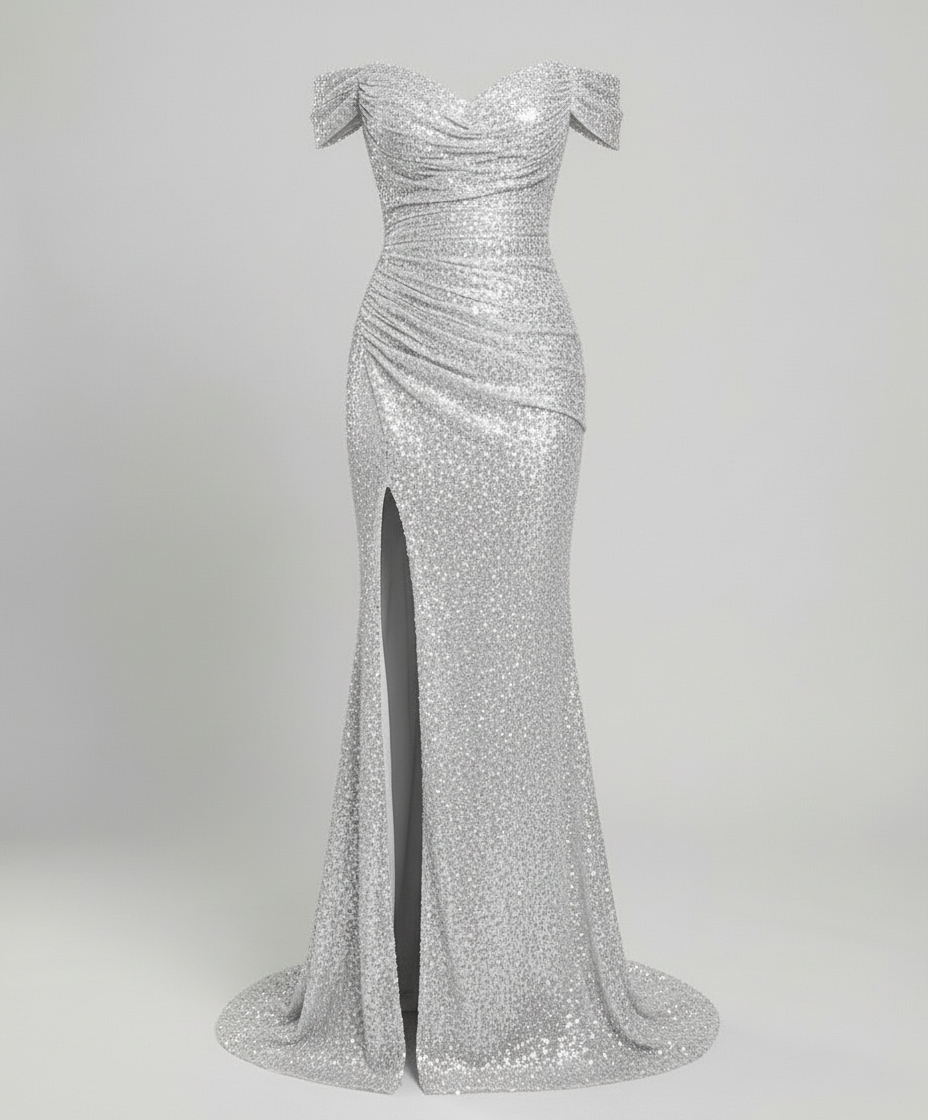 Avarylane | Off Shoulder Evening Dress for Women | Sequins and Figure-Hugging Cut Silver