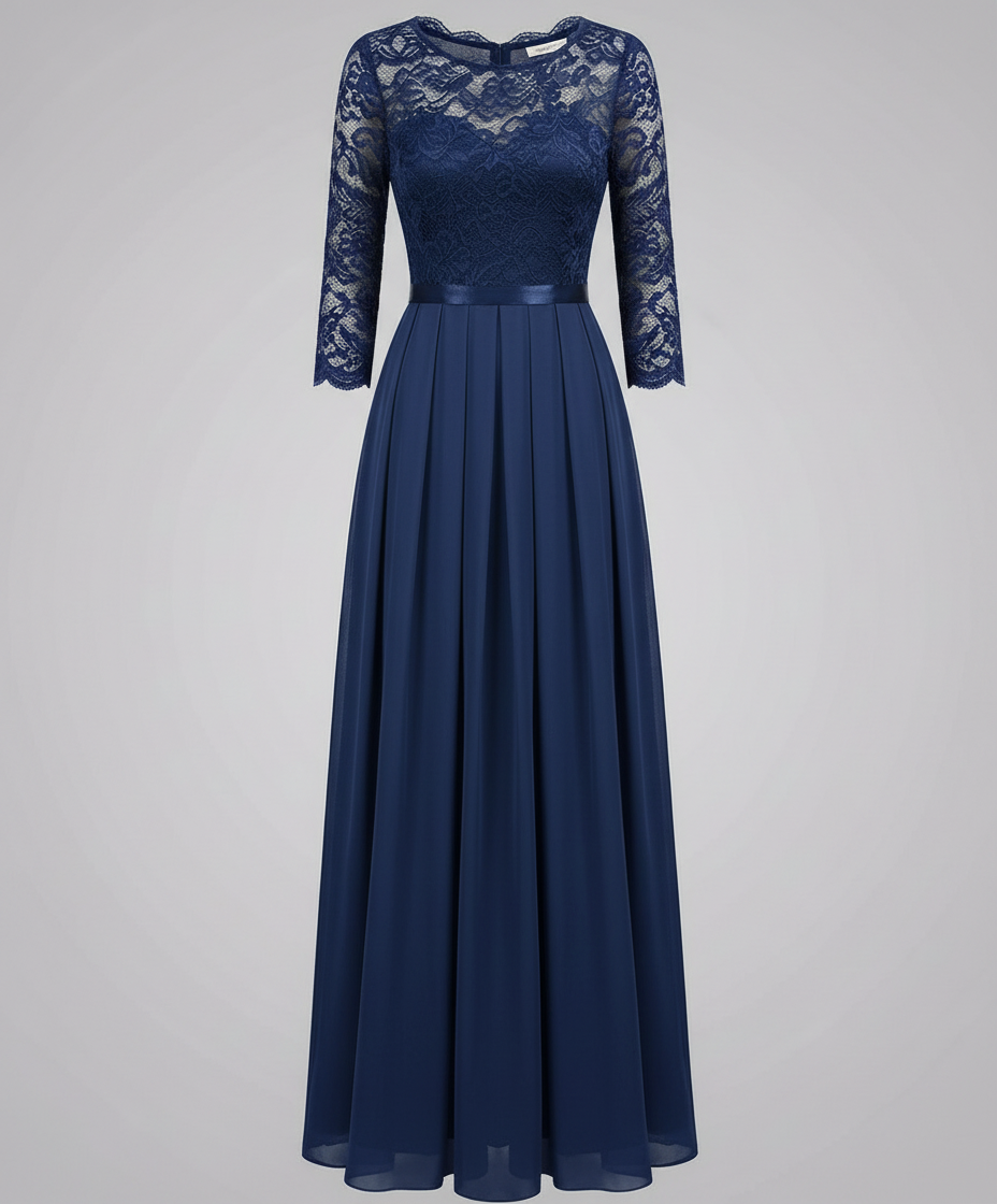 Avarylane | Lace Dress for Bridesmaid | Long Flowing Design with 3/4 Sleeve Blue
