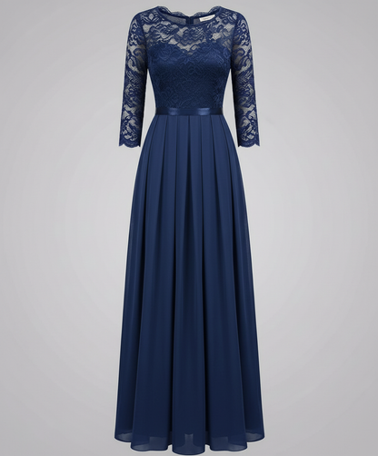Avarylane | Lace Dress for Bridesmaid | Long Flowing Design with 3/4 Sleeve Blue