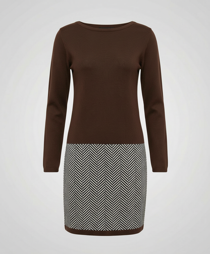 Avarylane | Dress with Houndstooth Detail | Loose Fit and Round Neck Brown