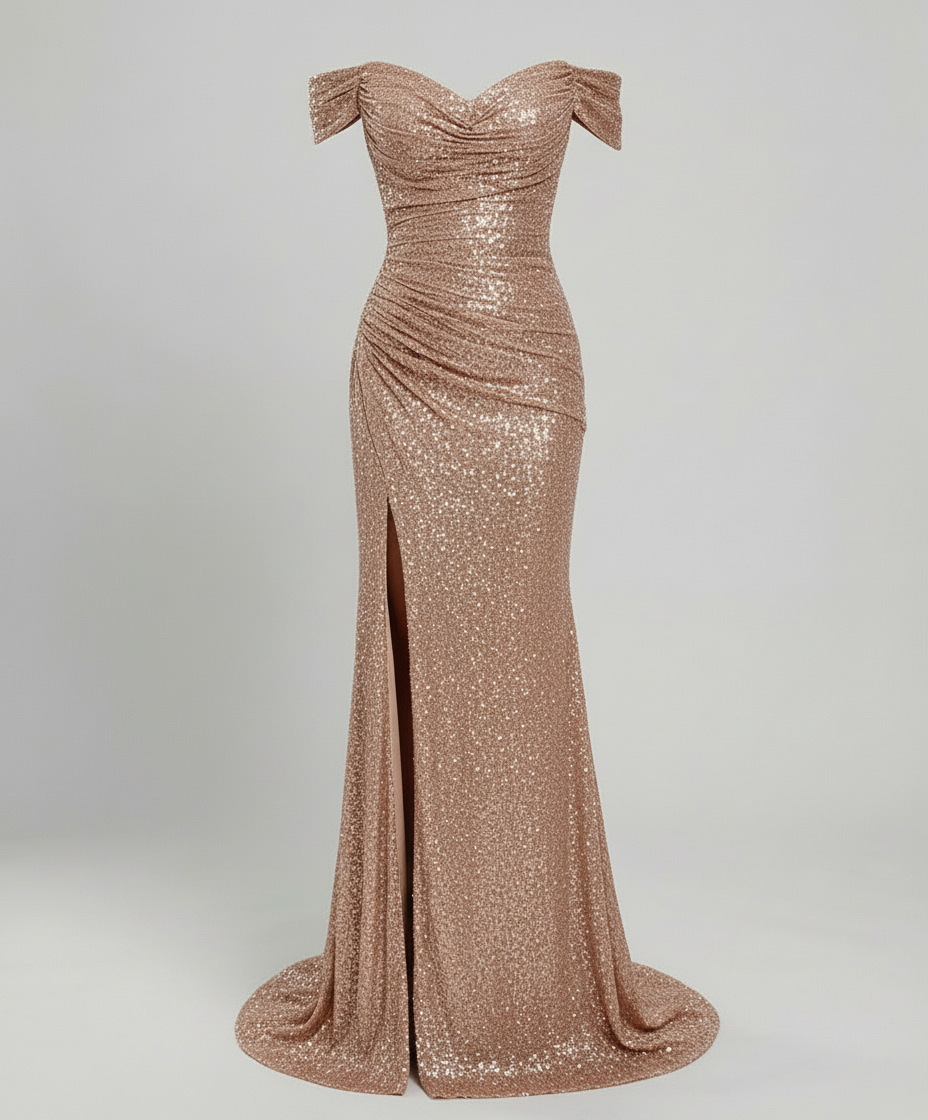 Avarylane | Off Shoulder Evening Dress for Women | Sequins and Figure-Hugging Cut Champagne