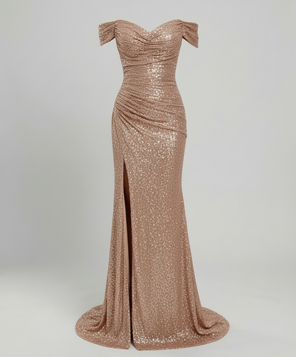 Avarylane | Off Shoulder Evening Dress for Women | Sequins and Figure-Hugging Cut Champagne