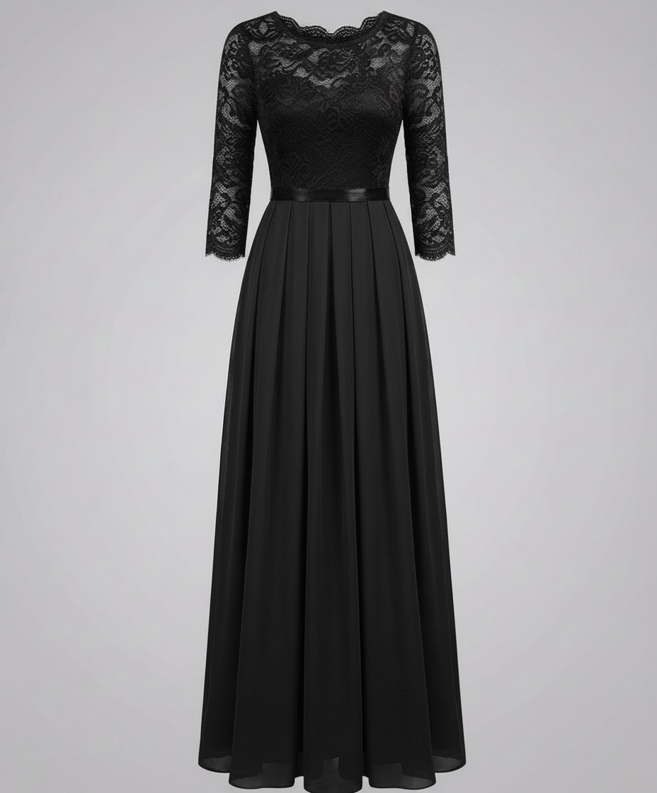 Avarylane | Lace Dress for Bridesmaid | Long Flowing Design with 3/4 Sleeve Black