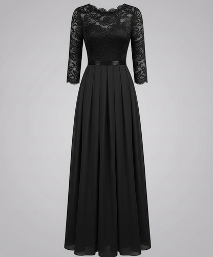 Avarylane | Lace Dress for Bridesmaid | Long Flowing Design with 3/4 Sleeve Black