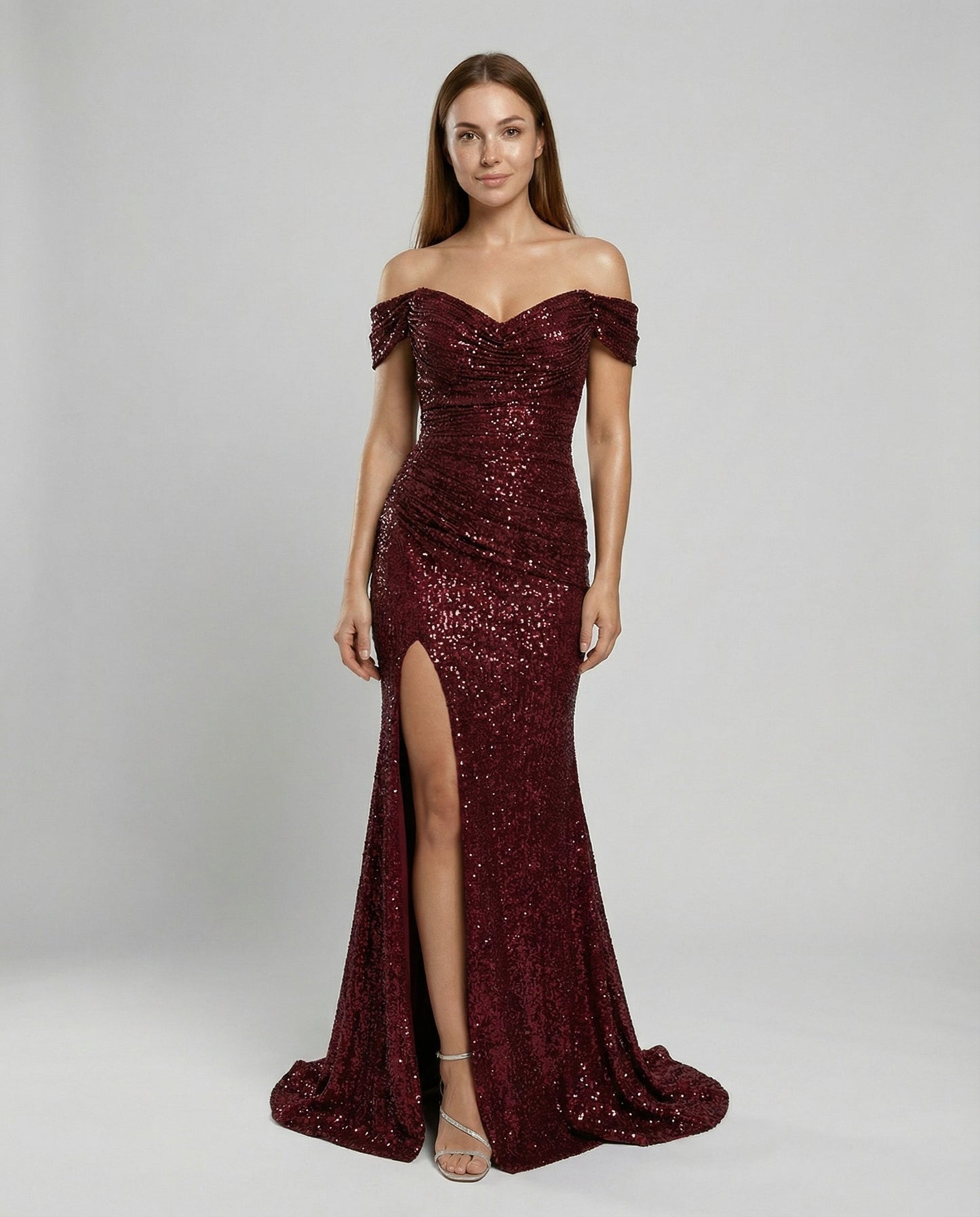 Avarylane | Off Shoulder Evening Dress for Women | Sequins and Figure-Hugging Cut Wine red