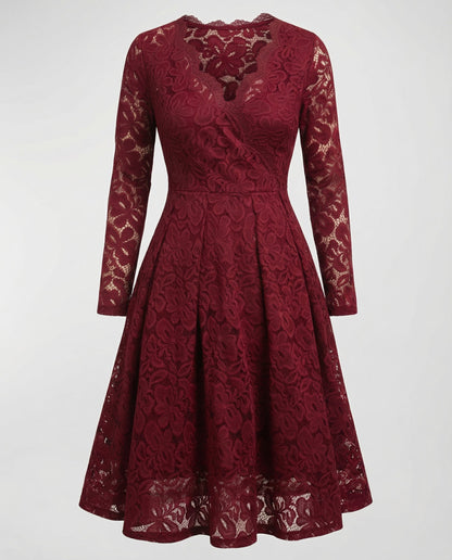 Avarylane | Lace Dress for Women | Deep V-neckline and Elegant Silhouette Red