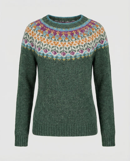 Avarylane | Norwegian Sweater for Women | Nordic Pattern and Warming Comfort Green Flowers