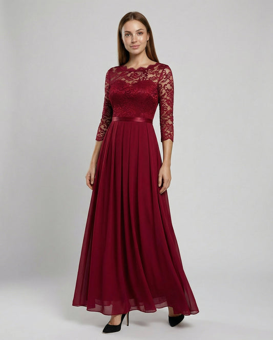 Avarylane | Lace Dress for Bridesmaid | Long Flowing Design with 3/4 Sleeve Red