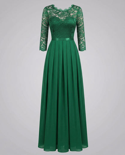Avarylane | Lace Dress for Bridesmaid | Long Flowing Design with 3/4 Sleeve Green